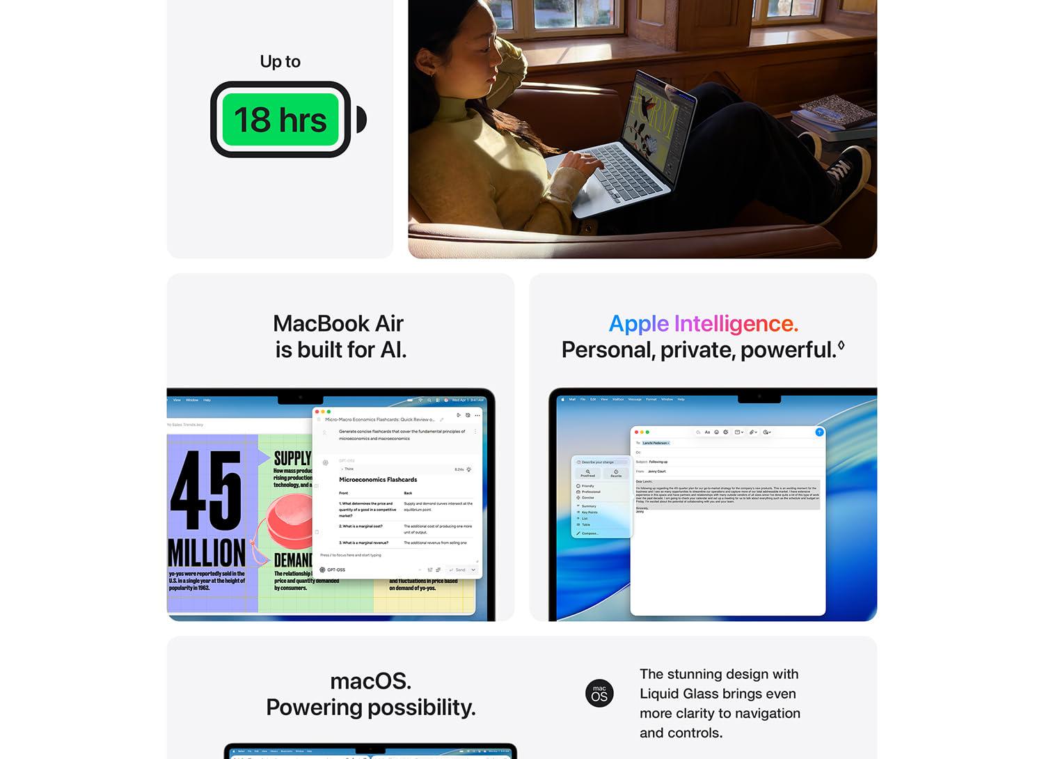 MacBook Air with M5 comparison section highlighting faster AI performance, brighter Liquid Retina display, Apple silicon advantages, Apple Intelligence features, improved battery life, and a “New to Mac?” section describing ease of use, speed, and durability.
